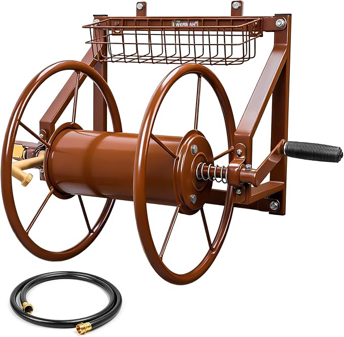 Wall Mount Garden Hose Reel, Heavy Duty Metal Holds 155ft 5/8" Hose | Solid Brass Fittings, No Leaks, Rust-resistant. Space-saving Wall Mount for Outside, Lawn, Yard.Easy Install & Rolls Smoothly