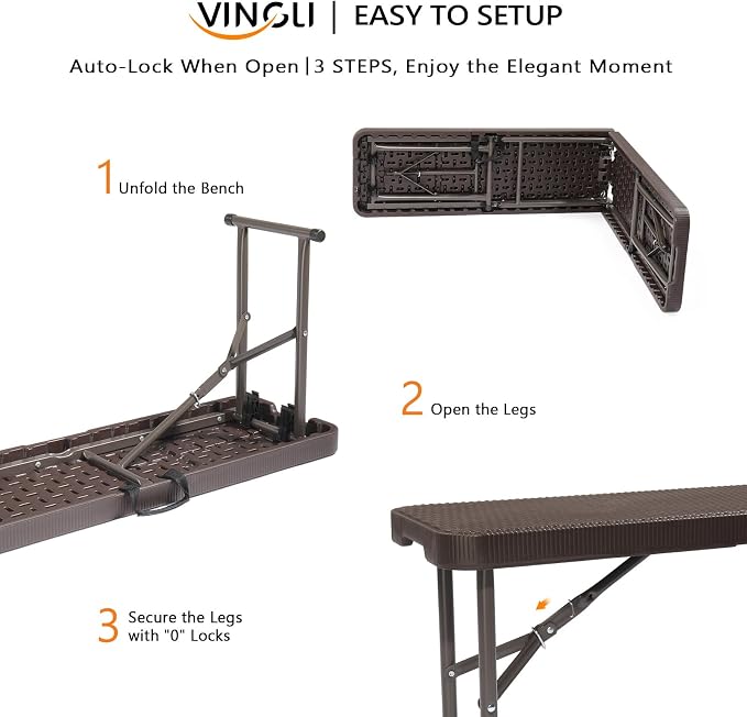 VINGLI 6 feet Plastic Folding Bench,Portable in/Outdoor Picnic Party Camping Dining Seat, Garden Soccer Multipurpose Entertaining Activities, Smooth HDPE Tabletop (1, Brown, 6ft)
