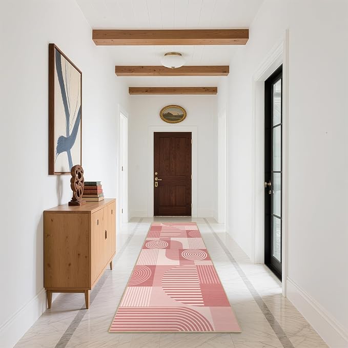 Pink Geometric 2x6 Runner Rug for Hallway Kitchen Bedroom Machine Washable Mid Century Modern Rug Non Slip Low Pile Minimalist Line Runner Rugs Long Floor Mat Carpet for Bathroom Laundry,Pink