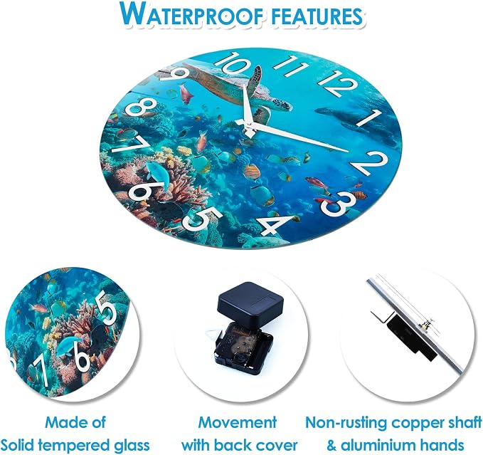 Crosstime 14 Inch Outdoor Clock Waterproof - Sea Turtle Underwater Blue Ocean Coastal Decor Outdoor Wall Clocks Battery Operated Silent for Patio, Pool, Garden