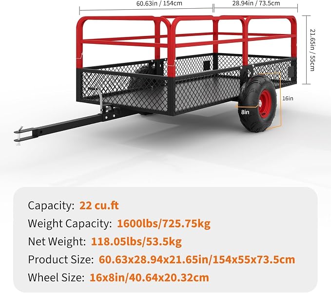22 Cu.Ft 1600Lbs Steel ATV UTV Trailer, Tow Behind Dump Cart, Heavy Duty Pull Behind with Removable Sides & All Terrain Tires, Pull Behind Utility Dump Trailer for, Garden, Lawn Mower Tractor
