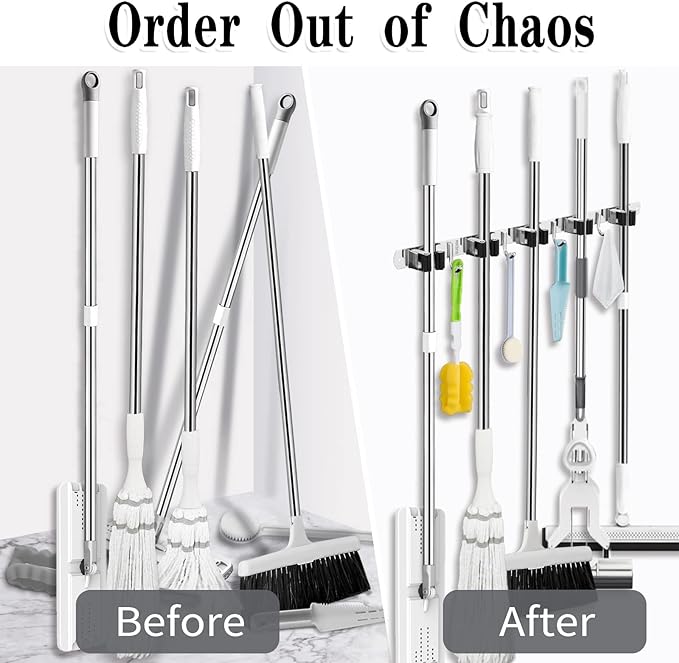 2 Pack Mop and Broom Holder Wall Mount, 5 Racks and 4 Hooks Broom Organizer Storage Tool Racks Stainless Steel Heavy Duty Hooks Self Adhesive Solid Non-slip for Home Kitchen Garden Laundry Garage | Mop Holder Wall Mount and Broom Hanger for Garage, Lau...