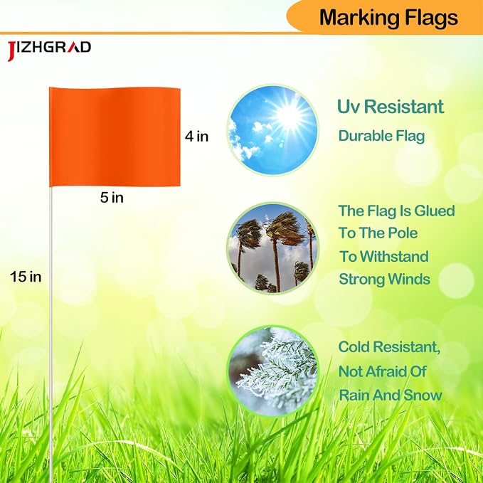 200Pack Orange Marking Flags, JIZHGRAD 15x4x5 Inch Marker Flags Use for Yard & Lawn, Boundary & Dog Training, Survey & Landscape, Sprinkler & Surveyor, Garden & Construction, High Visibility, Sturdy, Versatile, UV & Weather Resistant