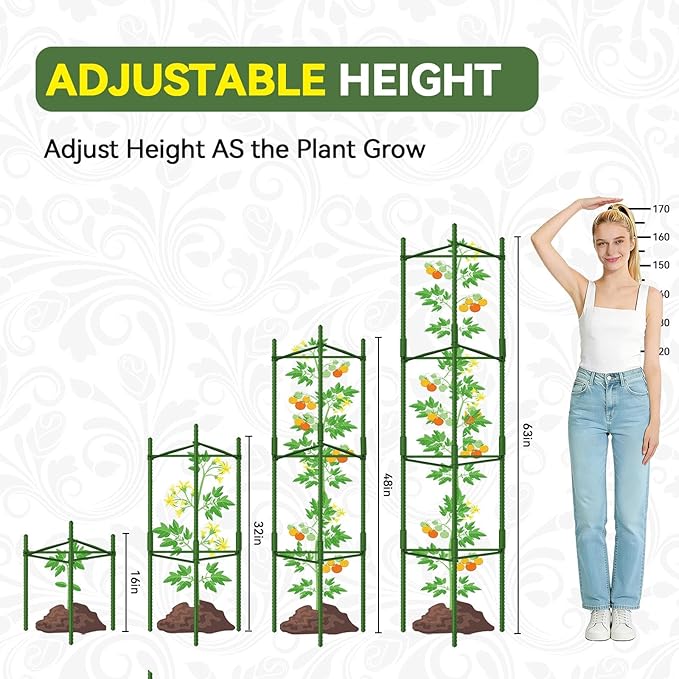 Halatool 2 Pack Tomato Cages for Garden, Up to 63 inch(5.2FT) Adjustable Tall Tomato Cage,Garden Stakes Tomato Trellis for Pots,Tomato Plant Support for Raised Garden Bed &Vegetables Flowers(Green)