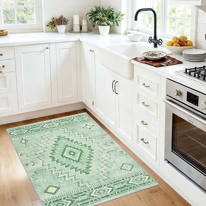 Yinhua Green 2x3 Area Rug for Entryway, Western Rugs Washable | Morrocan Small Rug Non Slip, Vintage Low Pile Indoor Carpet for Bedroom Kitchen Home Decor