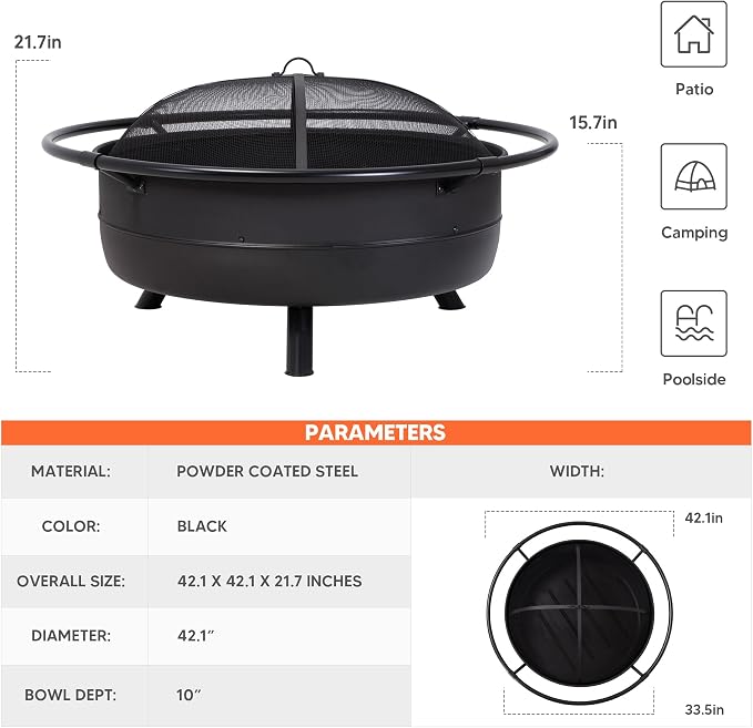 SUNCREAT 42" Outdoor Portable Fire Pit with Spark Screen, Fire Poker, Wood Burning Patio Fire Pits with Protective Ring, Black