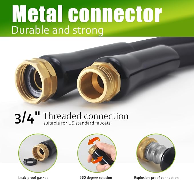 Non-Expandable Garden Hose 75feet, Flexible Water Hose with 10 Function Hose Nozzle, Lightweight, Tangle Free, Rust Proof for Yard (Black)