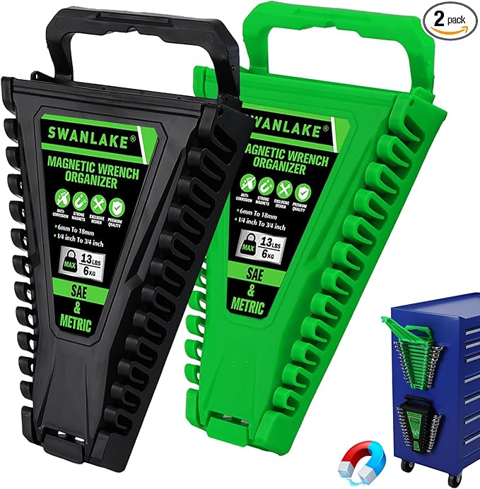 2-Piece Magnetic Wrench Organizer, Metric & SAE Portable Plastic Wrench Holder, 24-Slot Total, Foldable Carrying Handle for Wall-Mounted, Easy-Open Lock Cover, Wrenches Storage Rack Tool for Tool Box
