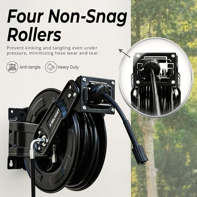 Relhost Pressure Washer Hose Reel, 65 ft x 1/4 inch Retractable Power Washer Hose Reel, Heavy Duty Steel Hose Reel with Dual Arms, Auto Rewind, 180° Swivel Ceiling