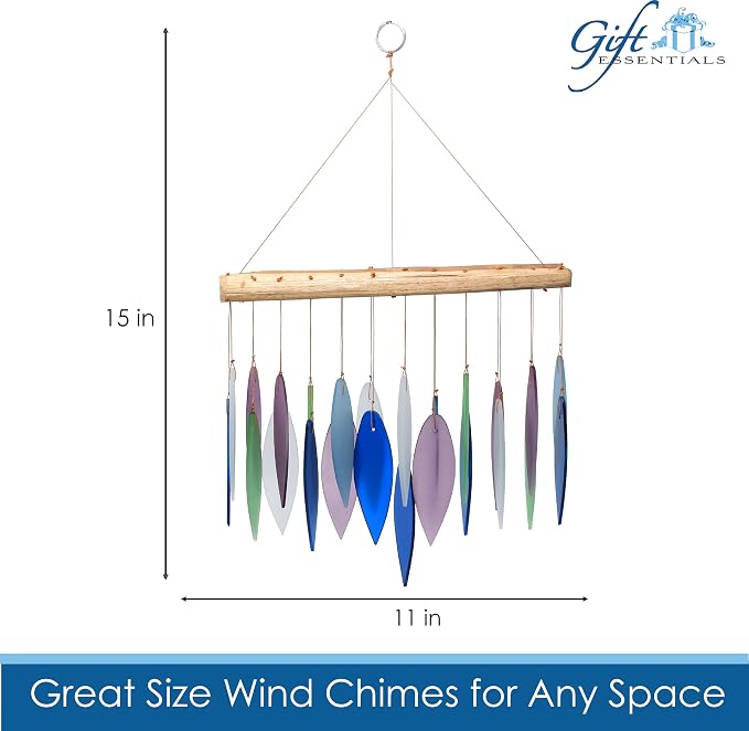 Blue Handworks Mountain Ridge Glass Leaves Wind Chime | Sandblasted Glass and Found Wood Handcrafted Wind Chime