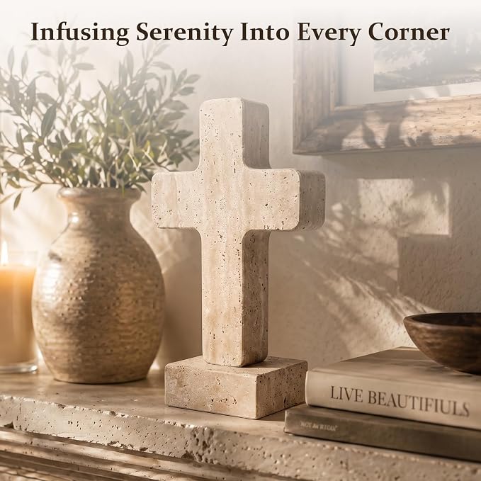 Natural Travertine Cross Decor for Home, Standing Christian Cross for Tabletop, Fireplace & Shelf, Catholic Religious Gift for Women Men, Stone Sculpture for Prayer Room