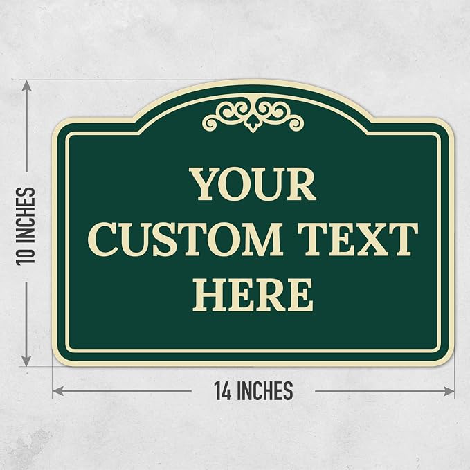 Custom Decorative Sign, Personalized Metal Sign for Business, Driveway, Home, Airbnb, Office Door Plaque, Green Background Sign 14x10 Inches, ACM, Fade Resistant, Made in USA by Sigo Signs