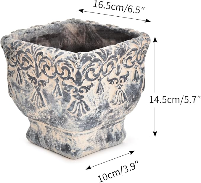 Sungmor 6.5 Inch Cement Plant Pot for Plants, Succulent Planter with Embossed Design, Vintage Concrete Flowerpots with Drainage Hole, Decorative Orchid Houseplant Pot Indoor Outdoor Plant Container