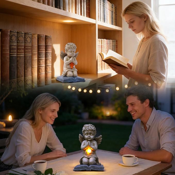 Solar Cherub Statue for Outside - Angel with Glowing LED Cross Light | Guardian Angel for Cemetery, Yard, Pathway, Lawn Decor, Memorial Gardens Gifts