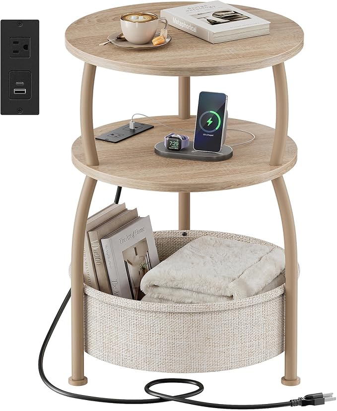 Round Side Table with Charging Station, USB Type C Port, Oak | End Table with Power Outlet,15.75 in Small Round Table with Basket, Space Saving, 3-Tier Small Table for Bedside, Sofa