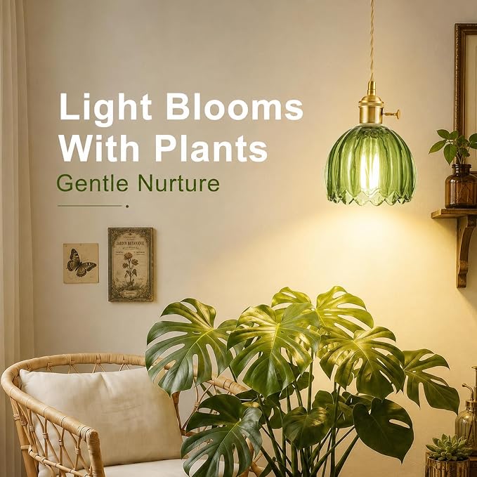 Hanging Grow Lights for Indoor Plants, 12W Full Spectrum 98+ CRI Grow Lamp, Dual CCT 3000K/4000K, Dual Switches, Pulley Height Adjustable, 13.12FT Cord, Petal Glass Plant Light for Indoor Flowers