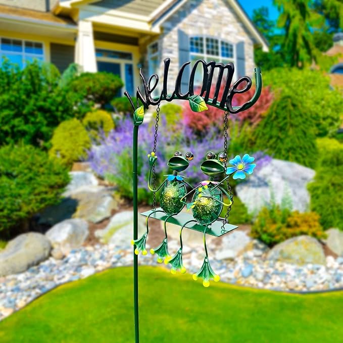 Solar Lights Outdoor Waterproof, Frog Swing Garden Decor, Frog Decorative Stake with Welcome Sign Landscape Patio Yard Gifts for Women Mom (48 inch)