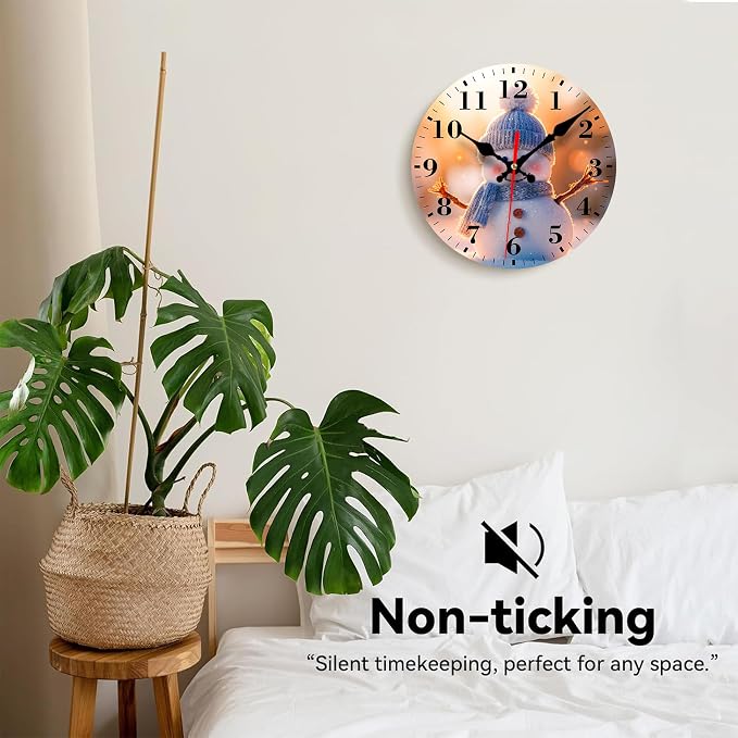 Wall Clock, Cute Christmas Winter Snowman Silent Non Ticking Battery Operated Round Decorative Indoor Outdoor Clocks for Living Room Kitchen Bedroom Bathroom Patio 12"