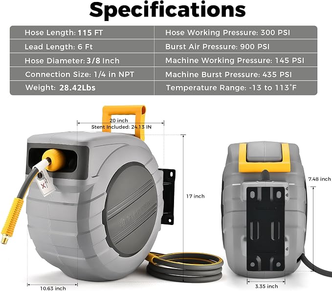 GLAHODEN Air Hose Reel 115 Ft Retractable, 3/8 in x 115 Ft Hybrid Hose Air Compressor Hose Reel with 6 Ft Lead in Max 300 PSI Patented Design for Any Length Lock 180°Swivel Bracket Quick Coupler