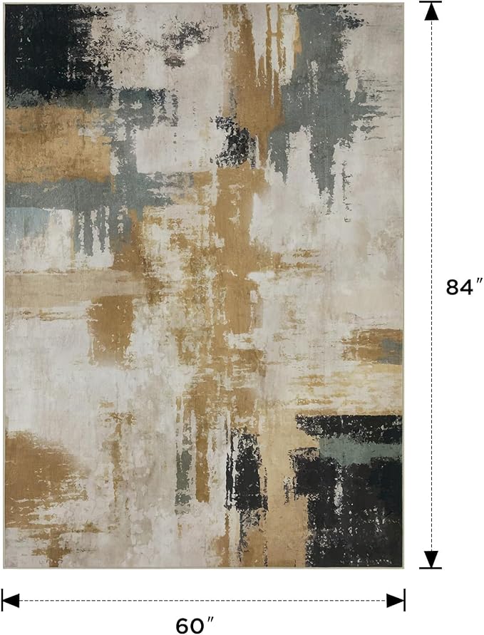 Joydeco 5x7 Area Rugs for Living Room, Non-Slip Modern Abstract Soft Washable Rug, Low Pile Carpet for Bedroom, Dining Room, Home Office, Pet & Child Friendly, White &Beige & Dark Gray