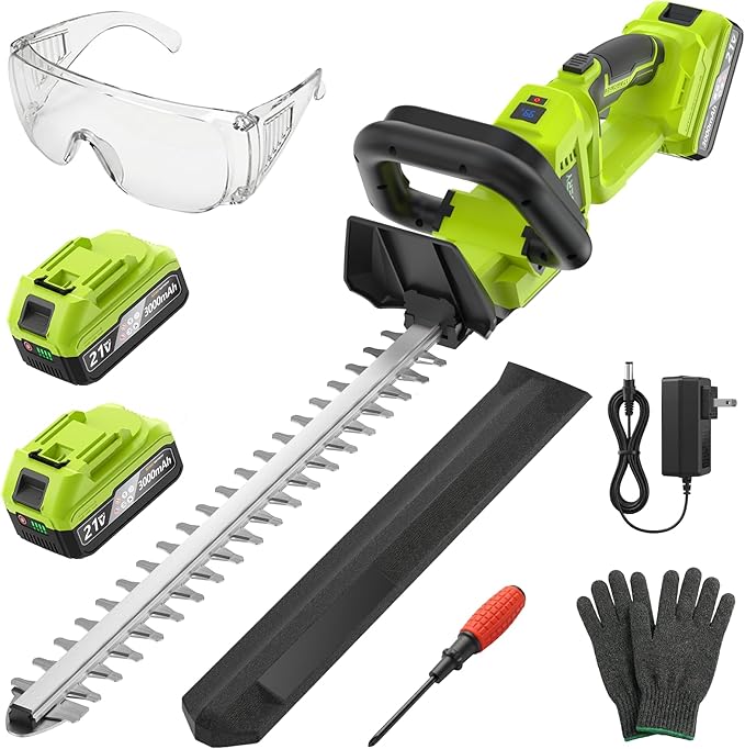 OGERY 20-Inch Brushless Cordless Hedge Trimmer with 2×3.0Ah Battery, 21V Electric Bush & Shrub Trimmer with Display, 2-Speed Control, 180° Rotatable Handle, Dual-Safety Switch for Garden Yard Care