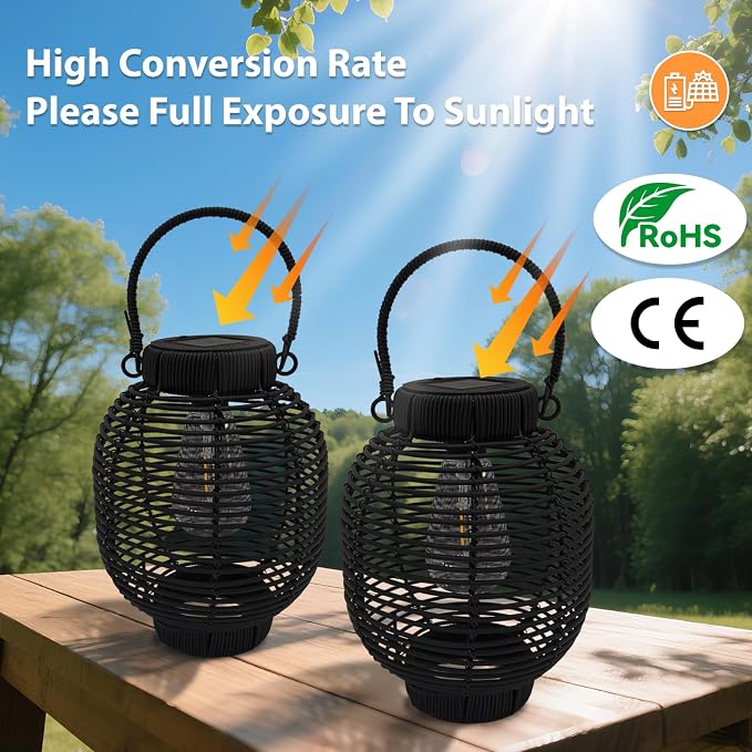 Solar Lanterns Outdoor Waterproof Rattan Solar Lights for Outside Garden Decor Mothers Day Gifts Hanging Lanterns Decoration Outside for Yard, Backyard, Patio Porch, Pathway，Black