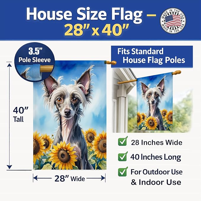 Caroline's Treasures DAC6053CHF Chinese Crested in Sunflowers House Flag Large Porch Sleeve Pole Decorative Outside Yard Banner Artwork Wall Hanging, Polyester, House Size, Multicolor