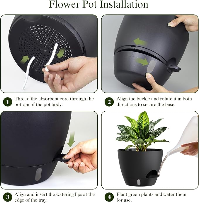 Plant Pots, 4 Pack 12/10/9/8 Inch Self Watering Pots with Drainage Holes, Water Level Indicator Deep Reservoir, Large Planters for Indoor Outdoor Plants - Black