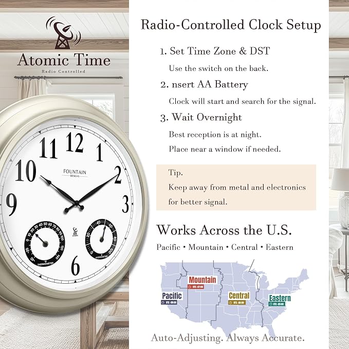 20" Evander Outdoor Atomic Clock with Thermometer & Hygrometer, 3 in 1 Weather Stations, Large Wall Clocks for Living Room Decor,Modern Farmhouse Home Decor (Morning Silver)