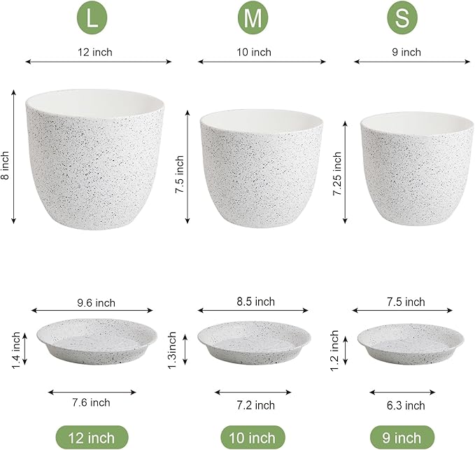 WSMKSZ Large Flower Pots 12/10/9 inch, Set of 3 Modern Decorative Plastic Planters with Drainage Holes and Saucers for Garden House Plants, Plant Pots for Indoor Outdoor Plants, Speckled White