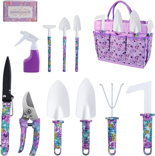 Gardening Tools Set for Women, 10-Piece Purple Floral Heavy Duty Garden Tool Set with Storage Tote Bag, Gardening Tools Kit with Ergonomic Non-Slip Handle, Ideal Women's Gift for Gardening