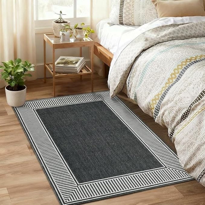 GarveeHome Washable 2x3 Entryway Area Rug Modern Solid Living Room Rugs | Non Slip Small Door Mat Bedroom Small Rugs Bordered Mat for Bathroom Kitchen Nursery, Black