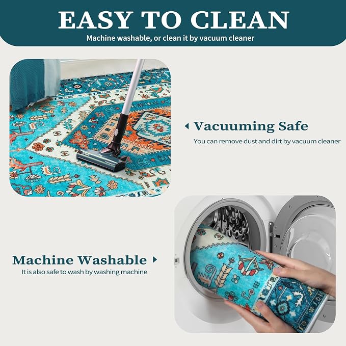 SERISSA 5x7 Washable Non Slip Boho Area Rug for Living Room，Blue | Ultra Soft Vintage Oriental Carpet Low-Pile Distressed Tribal Throw Carpet for Bedroom Dining Room Dorm Office Home Decor