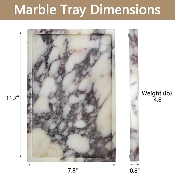 YMXYJM 100% Real Luxury Natural Marble Vanity Tray Genuine Calacatta Viola Marble Stone Storage Trays for Home Decor Bathroom Vanity Dresser Kitchen, Non-Resin/Non-Ceramic, 11.7" x 7.8"