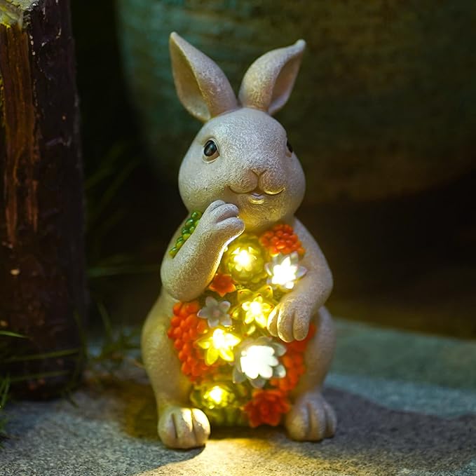 Solar Garden Outdoor Statues Bunny with Succulent | 7 LED Lights, Lawn Decor Statue for Patio, Balcony, Yard Ornament, Gifts for Mom Grandma Women