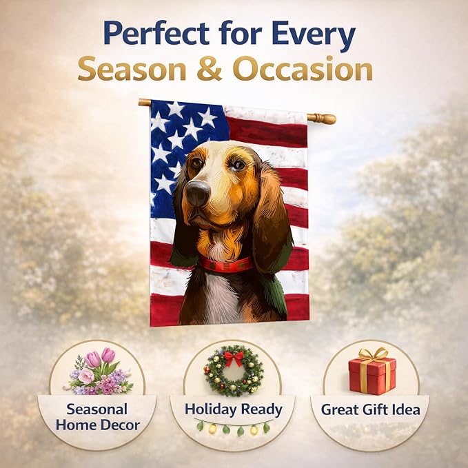 Caroline's Treasures CK6464CHF Bruno Jura Hound Dog American Flag House Flag Large Porch Sleeve Pole Decorative Outside Yard Banner Artwork Wall Hanging, Polyester, House Size, Multicolor