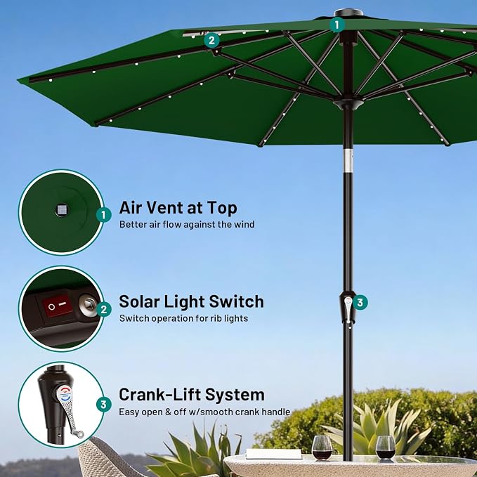 AreShark 9FT Patio Umbrella with Solar Lights, 32 Lighted Pool Umbrella w/Tilt and Crank, Outdoor Market Solar Umbrellas for Garden, Deck, Backyard, Pool and Beach, Dark Green