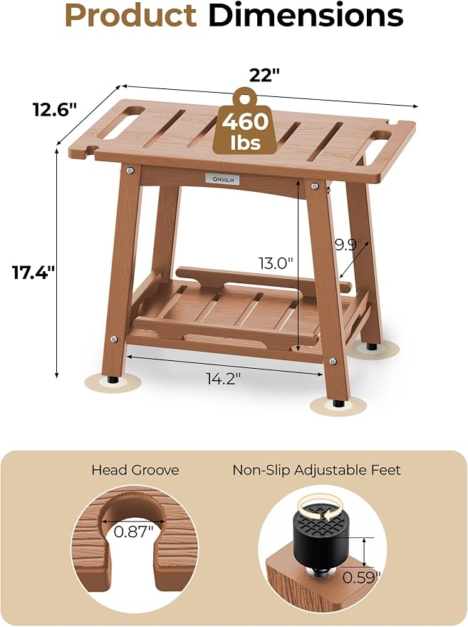 22" Large Shower Bench Seat, Non-Slip Shower Benches for Inside Shower to Sit on, HDPE Waterproof Shower Stool, Shower Chair with Adjustable Feet for Bathroom, Indoor/Outdoor Use, Teak
