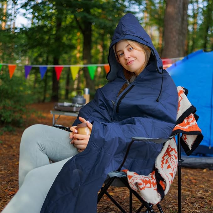 Large Waterproof Outdoor Blanket Thick Fleece 80" x 58" | Windproof Stadium Blanket, Wearable Poncho, Machine Washable for Camping, Car, Pet, Picnics - Deep Blue Hooded