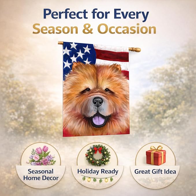 Caroline's Treasures CK6490CHF Chow Chow Dog American Flag House Flag Large Porch Sleeve Pole Decorative Outside Yard Banner Artwork Wall Hanging, Polyester, House Size, Multicolor