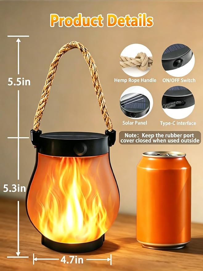 1 Pack Gen2 Solar Lanterns Outdoor Waterproof Hanging Solar Lights Flame | USB & Solar Charging, 2 Modes, Auto ON/OFF, IP65 Waterproof, Hemp Rope, Indoor Outdoor for Patio Garden Tree Tabletop Decor