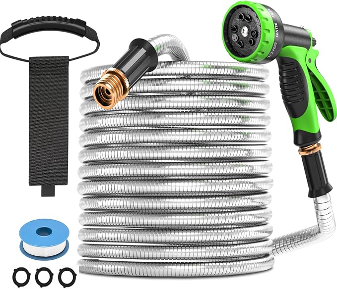 GARDENWORK Garden Hose,75ft Stainless Steel Garden Hose,Metal Hose with 10 Function Sprayer Nozzle,Flexible,Never Kink & Tangle for Outdoor,Yard,Lawn,Patio,Car