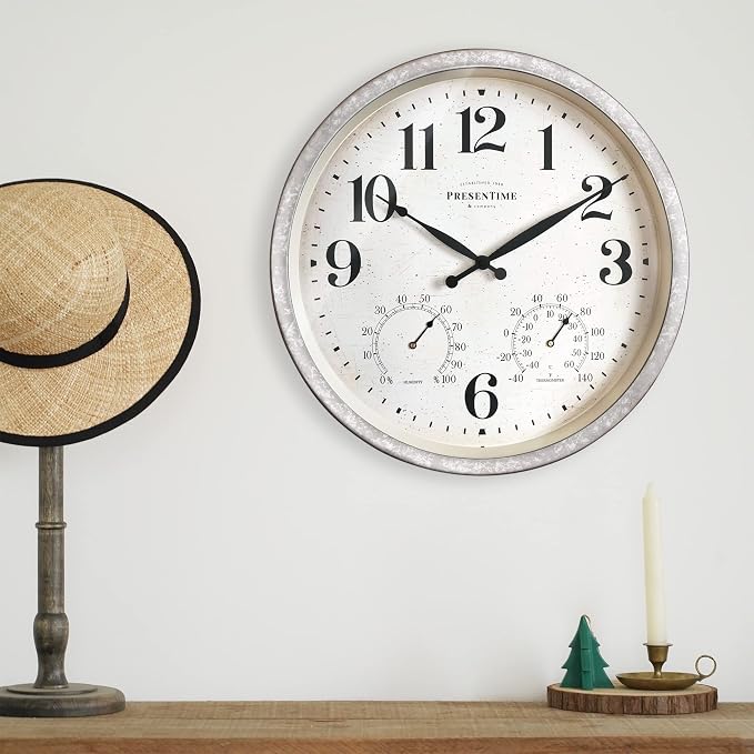 Presentime & Co 16" Farmhouse in/Outdoor Clock with Thermometer&Hygrometer as All in One Weather Station, Galvanized Décor, Wall Art and Timepiece for Farmhouse Decoration, Light Galvanized Finish