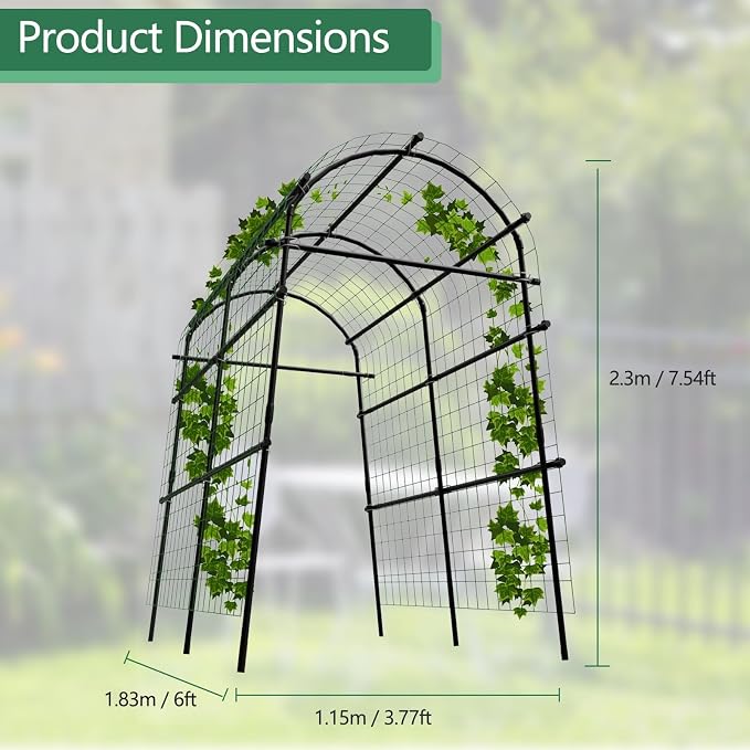 Metal Garden Arch Trellis, 7.6Ft Black for Raised Beds, Plant Support for Cucumbers & Climbing Vegetables with 7 Horizontal Pipe