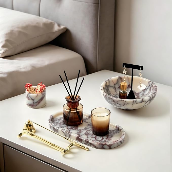 Luxury Natural Oval Marble Tray – 9.8 x 4.9-Inch Calacatta Viola Stone Vanity Tray, Small Catchall Organizer for Jewelry Perfume Keys, Decorative Trinket Tray for Bathroom Coffee Table & Dresser