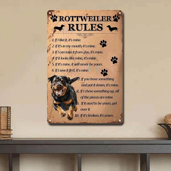 Metal Sign Tin Sign Vintage Wall Art Rottweiler Rules Funny Outdoor Decor for Bar 12×16 Inches