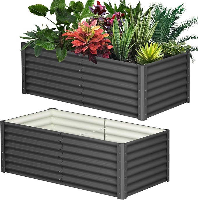 GarveeHome 6 * 3 * 2FT Raised Garden Bed Kit, Galvanized Raised Garden Beds Outdoor for Gardening, Above Planter Boxes, Large Garden Bed for Vegetables, Fruits, Dark Grey, 2 Pcs