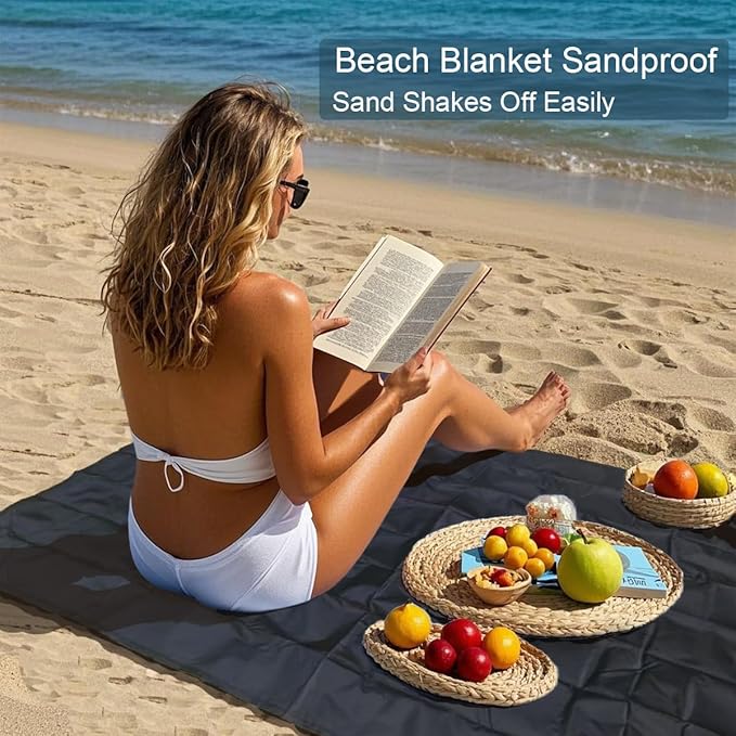 Outdoor Pocket Blanket, 55"x79" Waterproof Foldable Compact Small Picnic Blanket, Ultralight Tarp for Camping, Festival, Beach, Hiking, Backpacking, Travel, Stakes Included (Black)