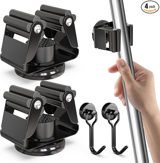 3-H Magnetic Broom Holder 4pcs, Stainless Steel No Drill Mop Holder Wall Mount with 2 Mini Magnetic Hooks, Movable Magnet Tool Organizer for Garage Laundry Kitchen Garden RV,Black