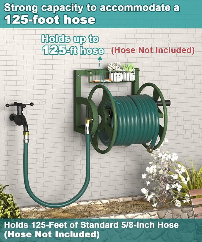 Artigarden Garden Wall Mounted Hose Reel, Outdoor Heavy-Duty Water Hose Holder Winder, Holds 125 Feet of 5/8-Inch Hose, with 3.9 ft Leader Hose, Water Fitting and Storage Basket for Yard, Green